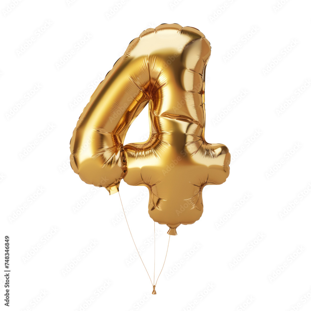Poster set of numbers from gold color balloons. gold-colored balloons form the number four isolated in a tr