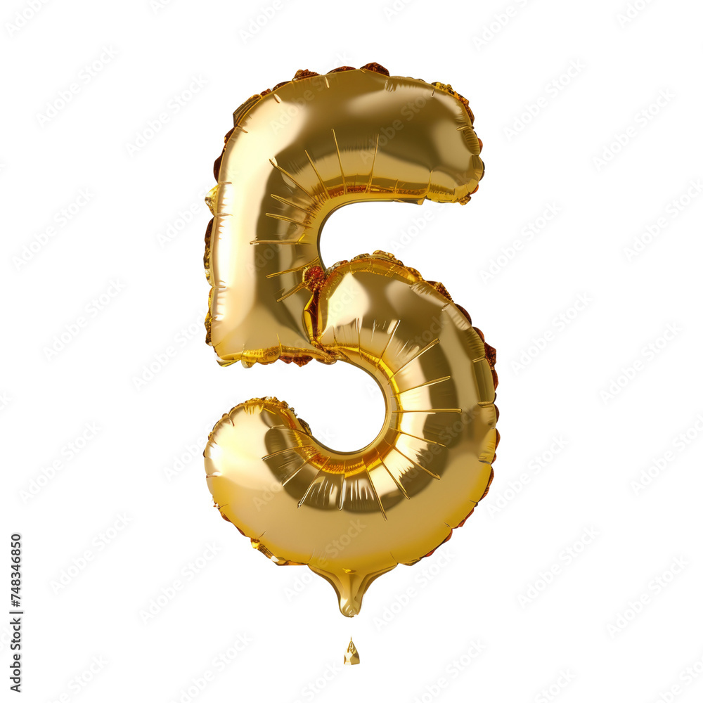Poster set of numbers from gold color balloons. gold-colored balloons form the number five isolated in a tr