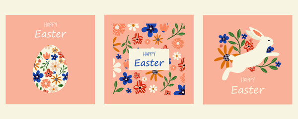 Fototapeta na wymiar Vector easter greeting card. Happy Easter. Postcard with bunny, flowers, eggs. Set Hand drawn spring greeting cards. Minimalist greeting card with spring theme.