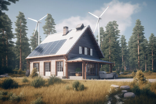 ecological house in a secluded place, solar panels on the roof of the house and generation of wind energy. Generative AI