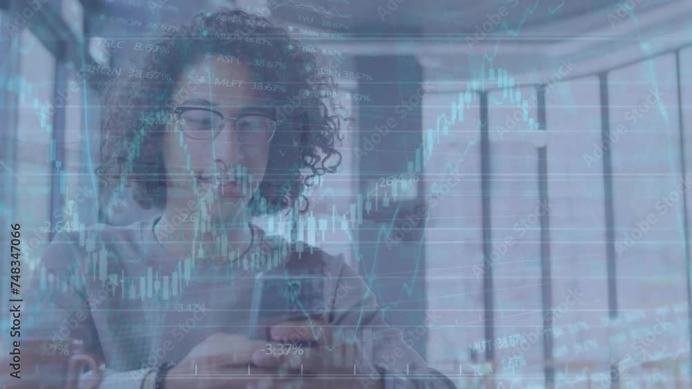 Poster animation of data processing and stock market over biracial man using smartphone