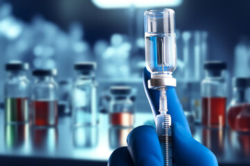 Doctor's hand with syringe and vaccine on laboratory background