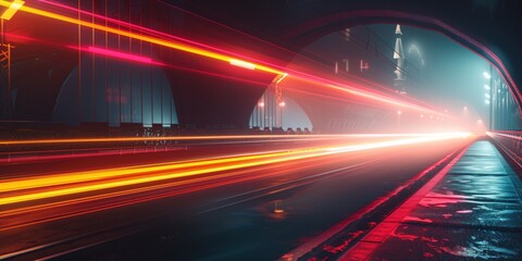 Nighttime City Bridge Illuminated by Vibrant Light Trails