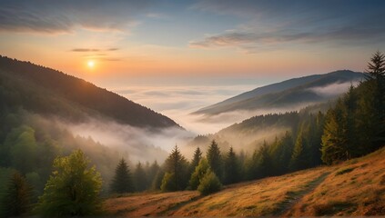 colored sunrise in forested mountain slope with fog. misty carpathian landscape - obrazy, fototapety, plakaty