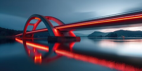 Illuminated Bridge at Dusk: Tranquil Landscape - obrazy, fototapety, plakaty