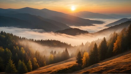 colored sunrise in forested mountain slope with fog. misty carpathian landscape - obrazy, fototapety, plakaty