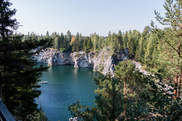 Fototapeta premium Marble canyon in the mountain park of Ruskeala, Karelia, Russia. Beautiful nature landscape 