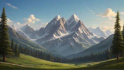 A breathtaking view of a majestic mountain range, with lush green grass and towering trees, set against a clear blue sky. - Powered by Adobe
