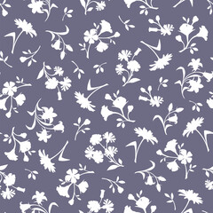 Fototapeta na wymiar Seamless floral pattern with small white small flowers on a purple background. Vector floral print