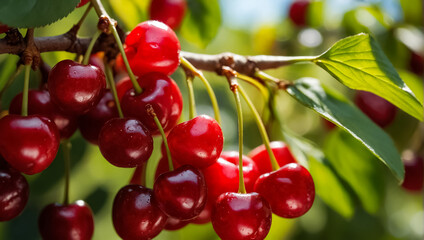 ripe cherries on a branch harvest