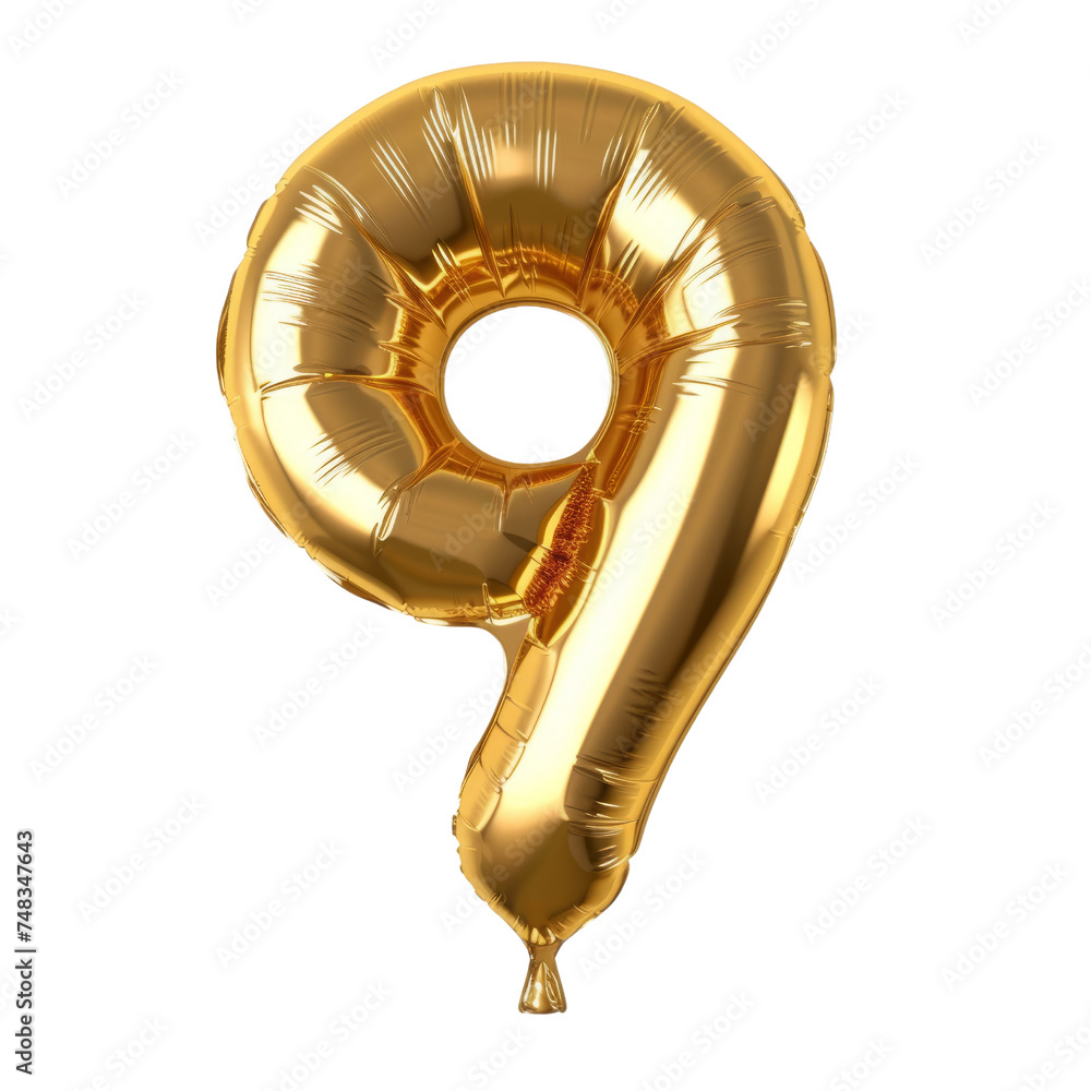 Fototapete Set of numbers from gold color balloons. Gold-colored balloons form the number nine isolated in a transparent background. Made with Generative AI.