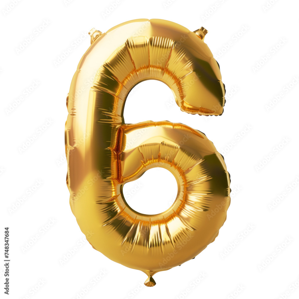 Poster set of numbers from gold color balloons. gold-colored balloons form the number six isolated in a tra