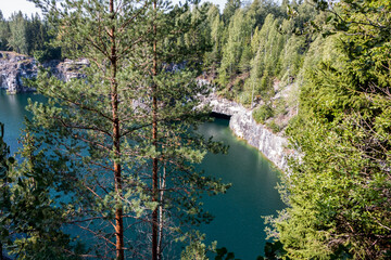 Marble canyon in the mountain park of Ruskeala, Karelia, Russia. Beautiful nature landscape	
