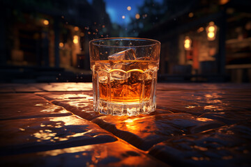 Whiskey, scotch, cognac, brandy, booze ice cube coctail liquor rum drinking high alcohol irish nightclub spirit glass. banner copy space poster background - obrazy, fototapety, plakaty