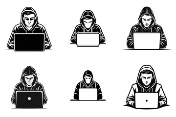 set of hacker or software engineer wearing a hood with laptop icon  black and white vector illustration isolated transparent background logo, cut out or cutout t-shirt print design