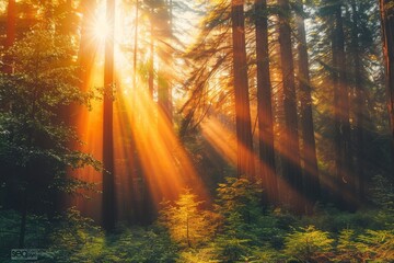Redwood Forest in Sunlight, Green Pine Trees in Sunlight Rays Falling, Copy Space