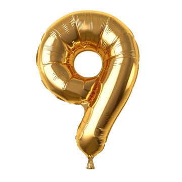 Set of numbers from gold color balloons. Gold-colored balloons form the number nine isolated in a transparent background. Made with Generative AI.