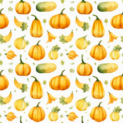 Watercolor Squash Seamless Pattern, Aquarelle Pumpkin, Creative Watercolor Gourd Tile