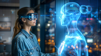 Fototapeta na wymiar Woman communicates with holographic avatar via VR, future tech