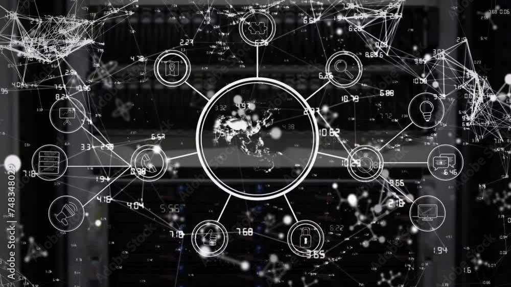Poster animation of network of connections with globe and icons over data processing and server room