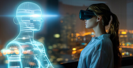Future communication: woman connects through VR with hologram