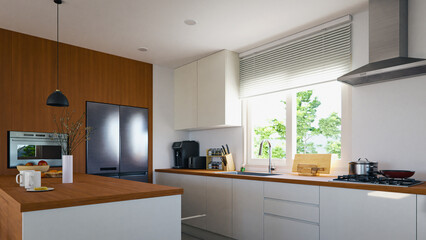 Minimal and clean kitchen interior with a combination of white and wood colors. 3d rendering