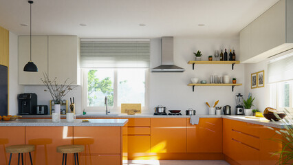 Minimal and clean kitchen interior with a combination of white and strong orange colors. 3d...