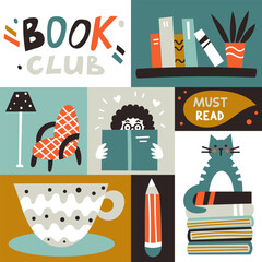 Vector modern illustration. Book club poster with cute cartoon design elements. 