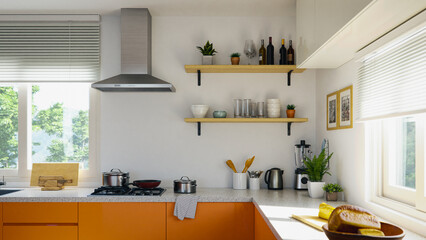 Minimal and clean kitchen interior with a combination of white and strong orange colors. 3d rendering
