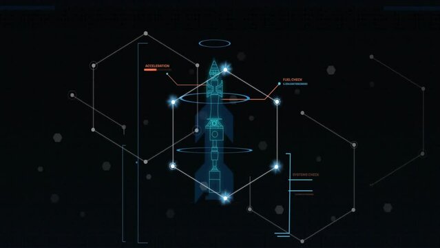 Animation of network of connections with rocket blueprint over data processing