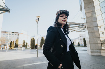 A poised young woman in professional attire walks confidently through an urban landscape,...