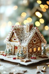 a gingerbread house with a tree and cookies
