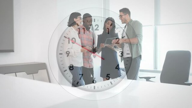 Animation of clock moving over diverse colleagues talking in office