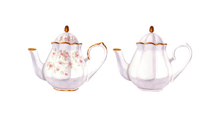 Porcelain ceramic white teapot with a pattern of roses and gold classic style. Watercolor hand-drawn illustration isolated on white background. Perfect for recipe lists with drinks, brochures for cafe