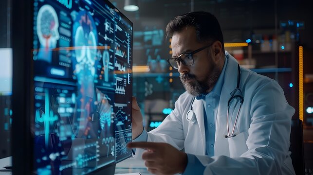 Doctor Reviewing Patient Medical Records on a 3D Holographic Display