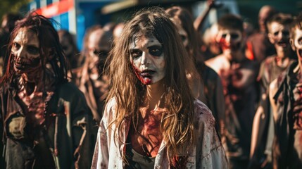 a woman with blood on her face and a group of people in the background