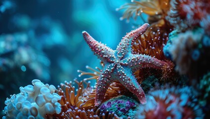 a starfish in an underwater reef - obrazy, fototapety, plakaty