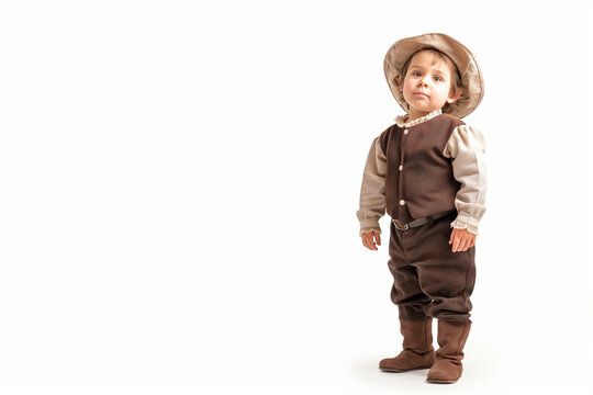 Little boy dressed as an explorer or pilgrim from history. Cute child is getting ready for exploration and adventure. Little explorer is thinking about a new discovery. Child in masquerade clothing. 
