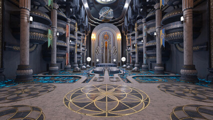Huge fantasy alien palace or guildhall building interior. 3D render. © IG Digital Arts