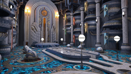 Balconies overlook a stage in a huge science fiction fantasy alien building interior. 3D render. © IG Digital Arts