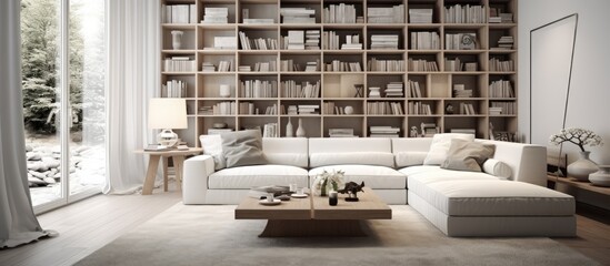 This image showcases a modern Scandinavian living room filled with furniture and a bookshelf. The room is designed in a white style, with a focus on simplicity and functionality.