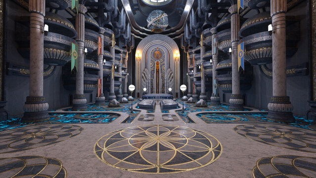 Huge fantasy alien palace or guildhall building interior. 3D render.