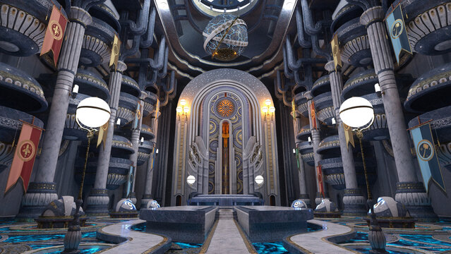Sci-fi fantasy alien conference hall interior with ornate decoration and high balconies. 3D render.