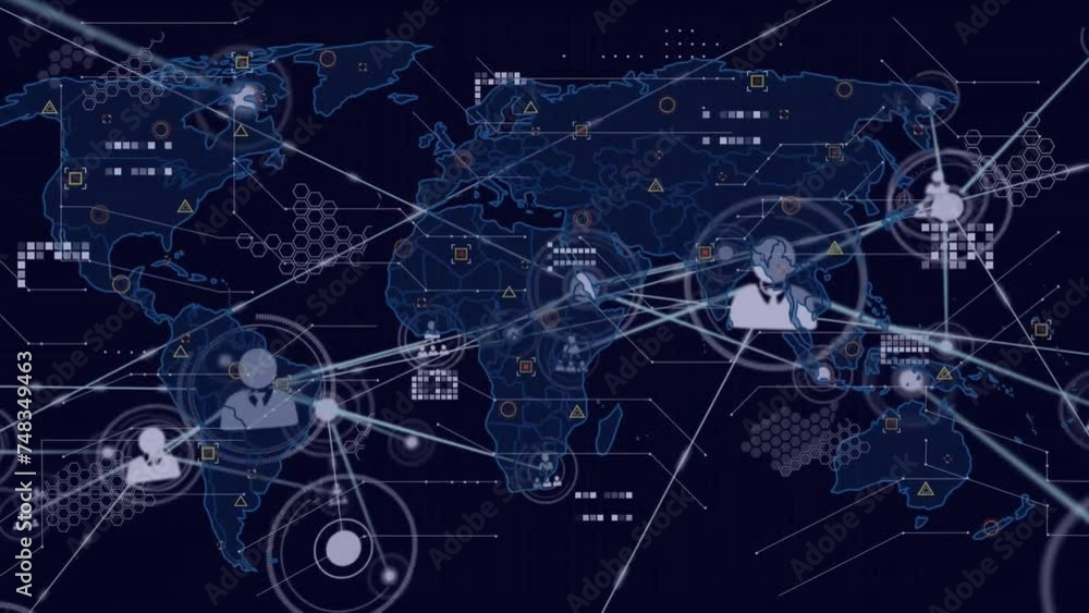 Poster animation of network of connections with icons over world map