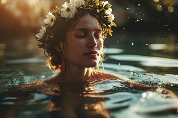 a woman with flowers in her hair in water