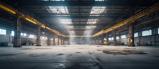 In this empty manufacturing space, beams of light pierce through the ceiling, casting bright light on the abandoned concrete floor. The warehouse is devoid of any equipment or workers, - obrazy, fototapety, plakaty