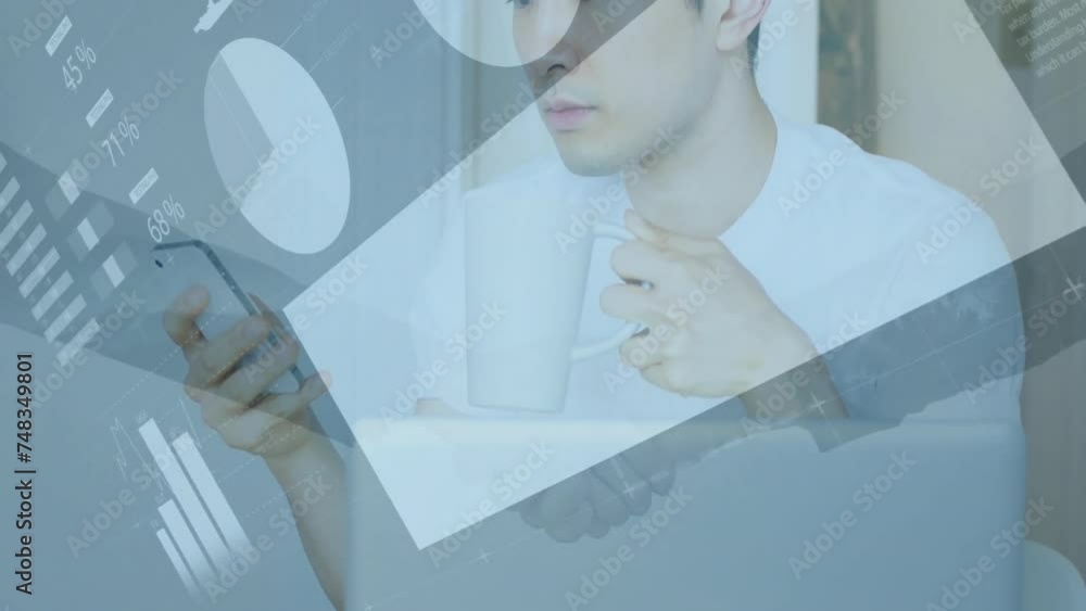 Poster animation of diagrams and data processing over shaking hands and asian man using smartphone