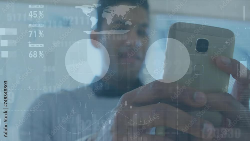 Poster animation of diagrams and data processing over biracial man using smartphone