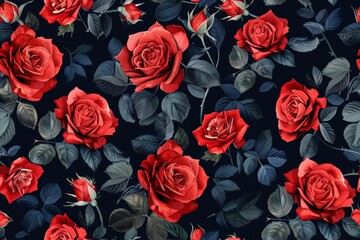 Red Roses Top View Seamless Pattern, Lush Roses Endless Tile High-Quality Photo, Copy Space