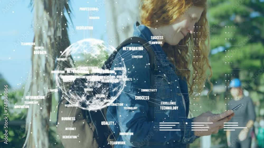 Poster animation of data processing and globe with business texts over caucasian woman using smartphone
